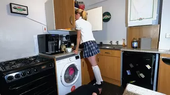 Schoolgirl Danielle Stands On Her Slaves Head To Arrange The Food Cupboard (4K)