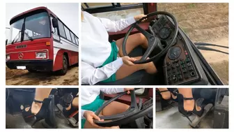 Sexy girl drives old Mercedes bus in Christian Louboutin high heels