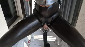 Latex Pierced Girl in black Mask and silver blouse in the balcony fucking huge rubber dildo and piercings Out in Public PART I