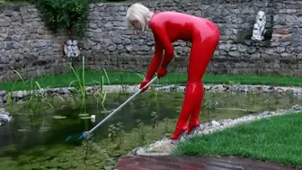 Blonde Slut in Red Latex Catsuit Works And Piss Outdoor In The Garden