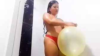 Sexy Freya Blows Up Your Balloon In The Shower Topless