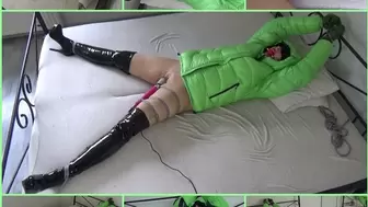 Magic wand bondage orgasm in a down jacket