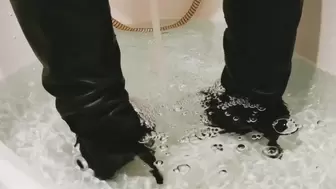Emily makes crazy water test for new high heel boots in the bathroom