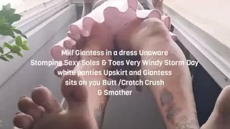 Milf Giantess in a dress Unaware Stomping Sexy Soles & Toes Very Windy Storm Day white panties Upskirt and Giantess sits on you Butt &Crotch Crush & Smother hairy bush wet panties
