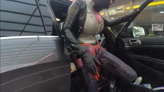 Plugged Pierced Girl in full Latex Big Boobs Catsuit, Stockings and Demask waist clincher masked walking in public and fuck the rubber dildo PART II