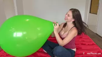 Jana blow up and cuddle with giant green balloon! (4K)
