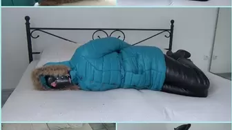 My amateur bondage, October, 2, 2022: Hogtied in a turquoise down jacket
