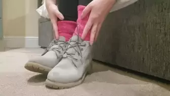Shoeplay in my hot hiking boots and fuzzy socks