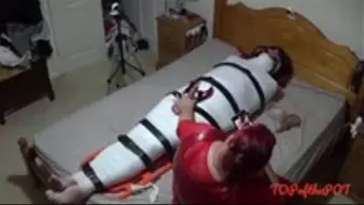 Mummified post orgasm torment handjob on a helpless man for Halloween - Cam 1-BBW domination,BBW bondage,male bondage,man in bondage,mummification,bound and gagged man,man tied up,taped up,duct taped,duct tape,amateur,wrapped up,post cum play,polishing,