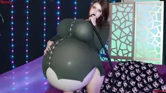 Inflating Boobs and Belly in Green Button Down Sweater Dress - Non-Pop