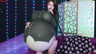 Inflating Boobs and Belly in Green Button Down Sweater Dress - B2P Belly and Squeeze Pop Boobs