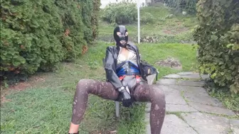 Latex girl in Ishtar&Brute leggings, stockings, belt, blouse, corset, jacket, mask, gloves walks in the city & masturbates rubber dildos with piercings out PART III