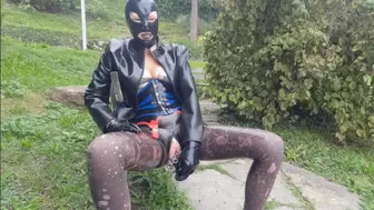 Latex girl in Ishtar&Brute leggings, stockings, belt, blouse, corset, jacket, mask, gloves walks in the city & masturbates rubber dildos with piercings out PART IV
