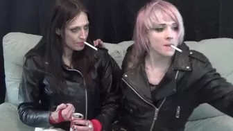 Biker Chicks Dakota and TG Sadie Saturn Smoke Cigarettes in Leather Jackets