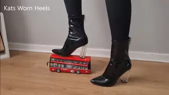 Toy Bus Crushing Under 3 Pairs of Shoes (flats, ankle boots, stiletto heels)