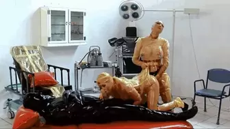 Heavy rubber threesome orgy with two latex nurses and her male patient - Part 1 of 2 - Blowjob and strap-on fucking