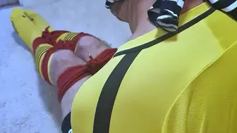 Footballer in yellow and black kit struggling to get out of tight bondage-BBW domination,BBW bondage,male bondage,man tied up,man in bondage,football kit,soccer kit,bound and gagged man, amateur,gay bondage,socks,