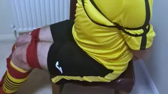 Footballer in yellow and black kit struggling to get out of tight bondage 3-BBW domination,BBW bondage,male bondage,man tied up,man in bondage,football kit,soccer kit,bound and gagged man, amateur,gay bondage,socks,