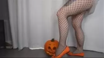 Calf Muscle Flex in Fishnets-Halloween Theme WMV 720 in Orange Ballet Flats