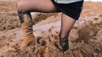 Emily walks in deep sticky mud on high heel leather boots