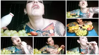 Hot horny tattooed bitch sexy eating fruit and pouring sweet yogurt on her boobs