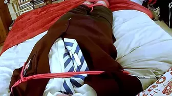 Man in adult school uniform tightly bound and gagged on bed-BBW domination,BBW bondage, male Bondage,man in bondage,man tied up,schoolboy,bound and gagged man,socks,gay bondage,rope bondage,amateur,handjob,edging,hand over mouth,edged,