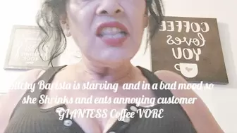 Bitchy Barista is starving and in a bad mood so she Shrinks and eats annoying customer GIANTESS Coffee VORE