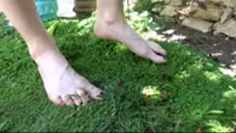 Tap and crush on fluffy grass with her small feet
