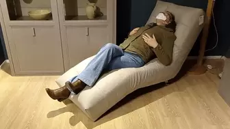 Risky public crossed legs orgasm in a furniture store