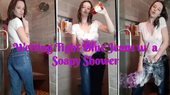 Wetting Tight Blue Jeans with Soapy Shower