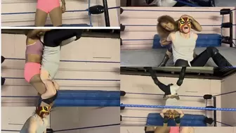 female dominates male jobber with piledrivers, submissions & bronco busters