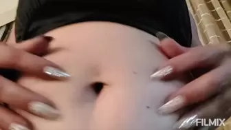 Beautiful round Belly under hungry Unaware Giantess milf in a hotel room waits for a tiny friend to eat slomo Big Belly Rubbing with long nails