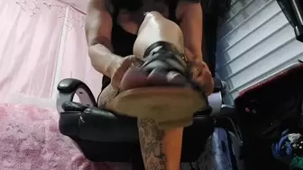 Trapping a tiny man in her sexy strappy Gladiator sandals She Slips them on and slides him under her soles