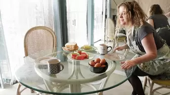 Stepmom helps stepson cum at the breakfast table