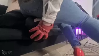 Slave used as human chair for our jeans asses Part 2