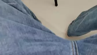 Pee desperation in jeans, extreme close up