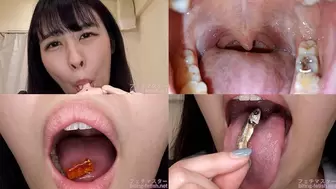 Akari Aizawa - Showing inside cute girl's mouth, chewing gummy candys, sucking fingers, licking and sucking human doll, and chewing dried sardines mout-145