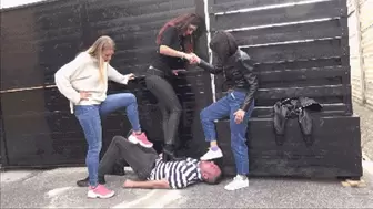 GABRIELLA, CLEO & SCARLET - 'One day at 'Le Prisonnier club' - OUTDOOR brutal trampling, sneaker and boot worship (For mobile devices)