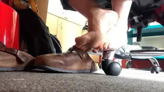 Barefoot Shoe Dipping Librarian at Work with Brown Clogs Part 2