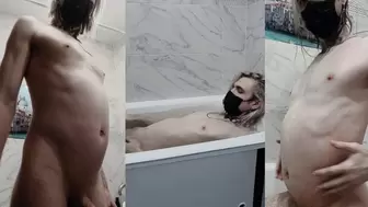 Scene boy belly inflation in bath
