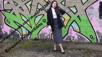 CustomVideo - 06A - Katya revving Skoda in office skirt & stiletto heels