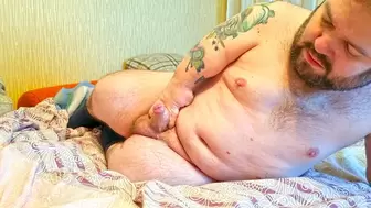 Midget jerks off his fat cock and cums twice in a row