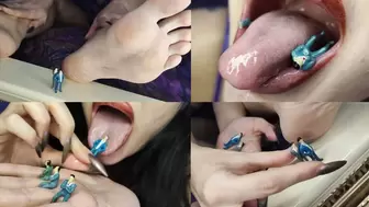Giantess makes tiny persons worship her feet and swallows them