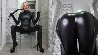 Mistress Katya whips her slave POV and teases him with her leather booty