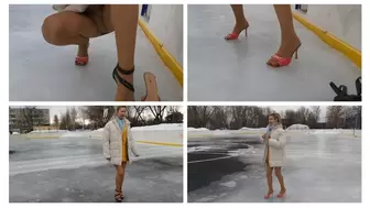 Emily slips on two sexy high heels pairs on very slippery ice rink UPSKIRT!