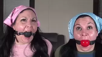 Gag talk with panties, duct tape, bandanas, and ball gags, then fucked!