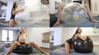 Nastya pops huge white 40" and black 32" balloons