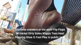 Giantess unaware at the park Flip Flops Wrinkled Dirty Soles Wiggly Toes Heel Popping Shoe & Foot Play in public park avi