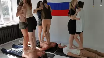 Moscow multitrampling contest #45 (Part 1): full-weight trampling & 6 girls sitting on men & triple barefoot torment