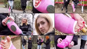 Sofi SLWC Crutching and Gimping in the Park with Foot Massage with and without Cast Sock